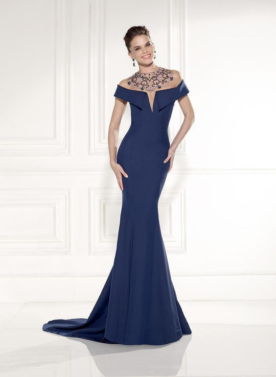 Tarik Ediz - Embellished Neckline Evening Gown 92438 in Blue
