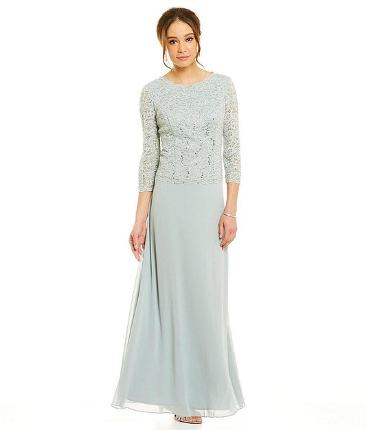 Alex Evenings - 112318 Lace Bateau Chiffon A-line Dress in Green