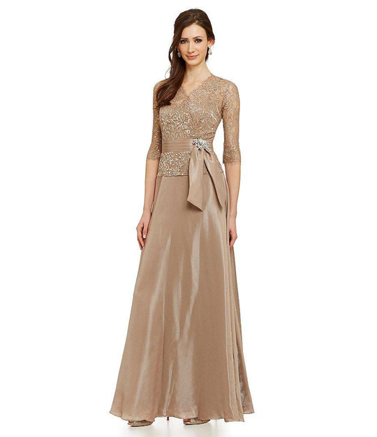 Emma Street - Embellished V-Neck Satin A-line Dress ES542 in Brown