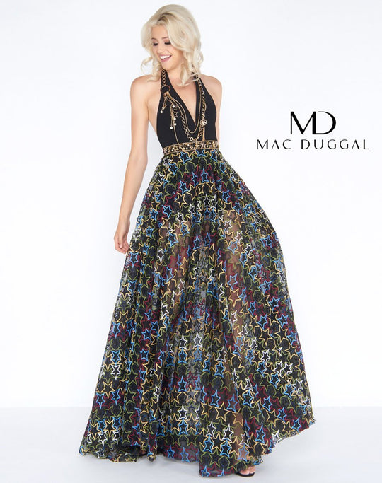 Cassandra Stone - 40788A Star Printed Deep Halter A-line Dress In Black and Multi-Color