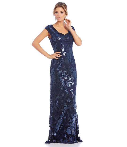 Adrianna Papell - Embroidered V Neck Floral Long Dress 081912380 in Blue