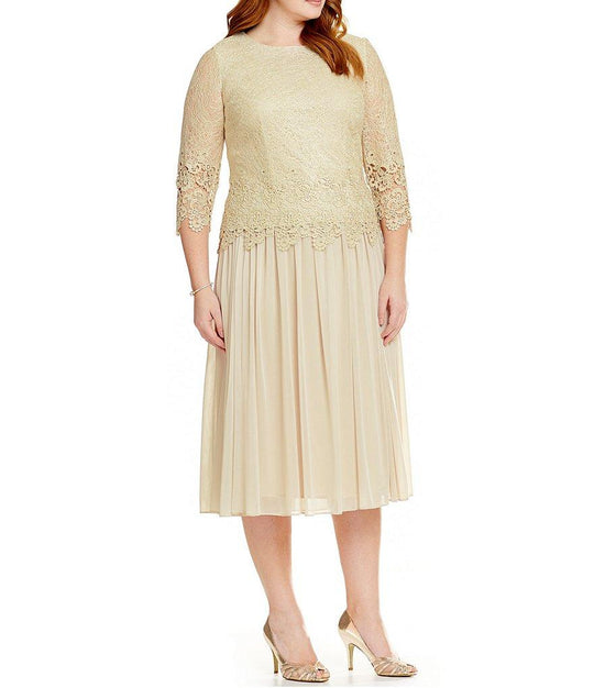 Alex Evenings - 417219 Jewel Neck Quarter Length Sleeves Dress in Gold