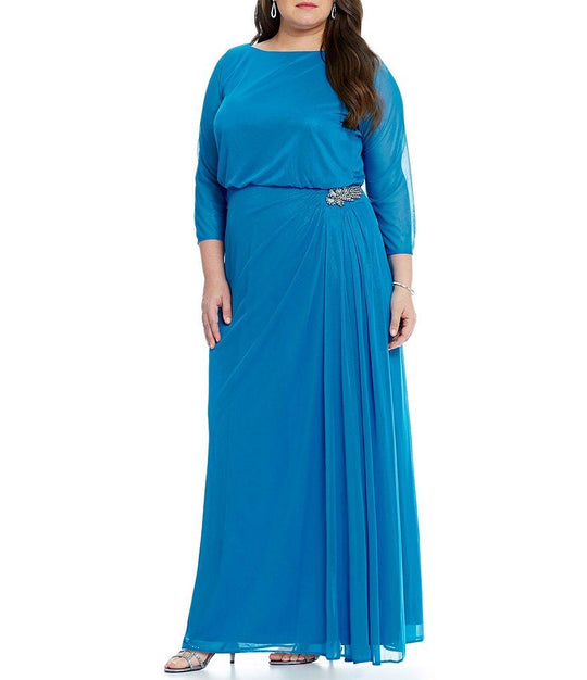 Alex Evenings - 432793 Bateau Quarter Length Sleeves A-Line Dress in Blue