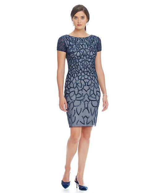 Adrianna Papell - Beaded Short Sleeves Cocktail Dress 41928650 in Blue