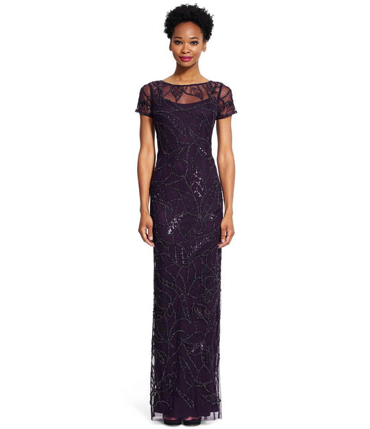 Adrianna Papell - Embellished Bateau Neckline Long Dress 91929590 in Purple