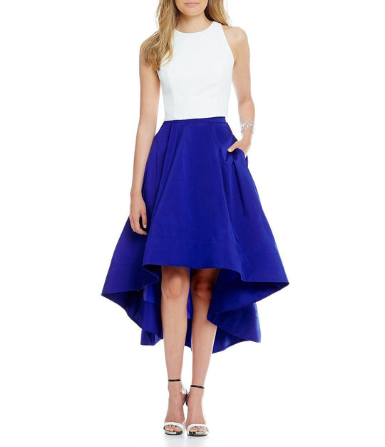 Aidan by Aidan Mattox - Jewel Neckline High Low Dress MN1E200334 in White and Blue