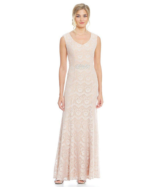 Alex Evenings - V Neck Sleeveless Lace Long Dress 1121418 in Nude