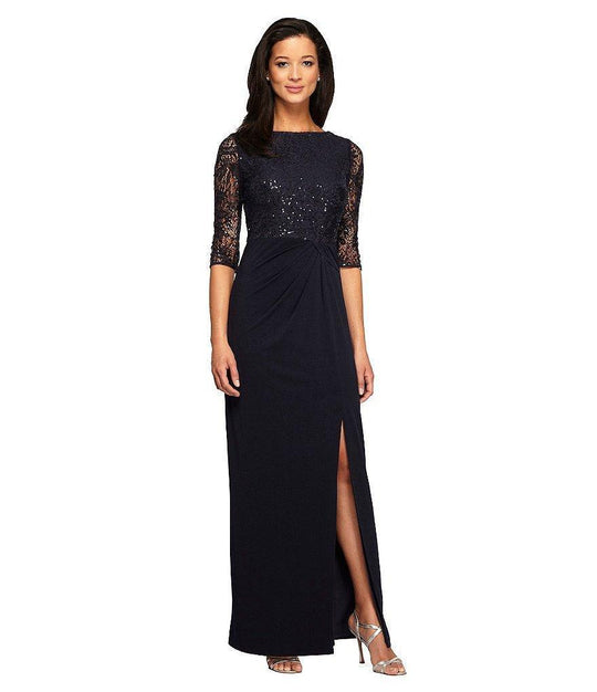 Alex Evenings - 2121457 Sequined Lace Bateau Evening Dress in Blue
