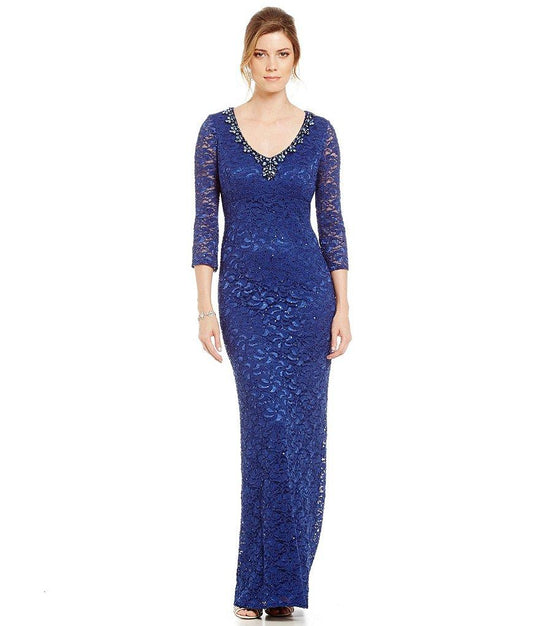 Alex Evenings - V Neck Lace Quarter Length Long Dress 1121400 in Blue