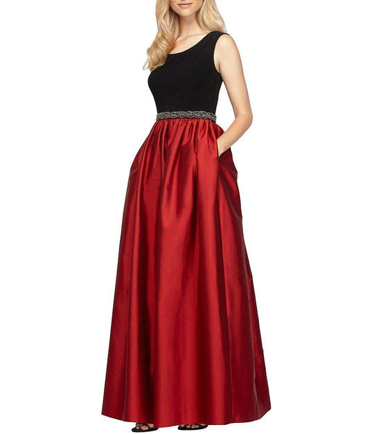 Alex Evenings - Scoop Neckline Satin Long Dress 165359 in Black and Red