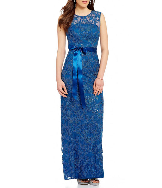 Adrianna Papell - AP1E200781 Cap Sleeve Embroidered Gown in Blue