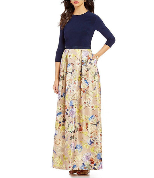 JS Collection - 865926 Round Neck Quarter Sleeve Floral Jacquard Gown in Blue and Print