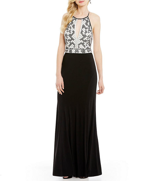 Aidan Mattox - MD1E200480 Halter Neck Beaded Evening Gown in Black and White