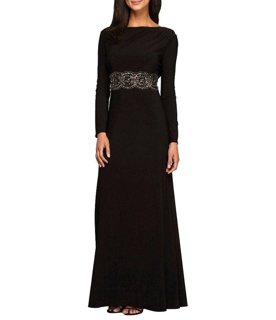 Alex Evenings - 1351307 Rhinestone Embellished Bateau Evening Dress in Black