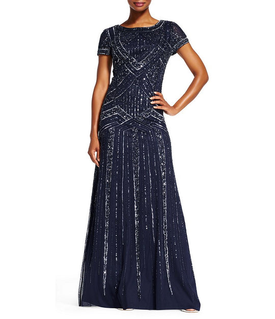 Adrianna Papell - AP1E200563 Embellished Geometric Mesh Dress in Blue