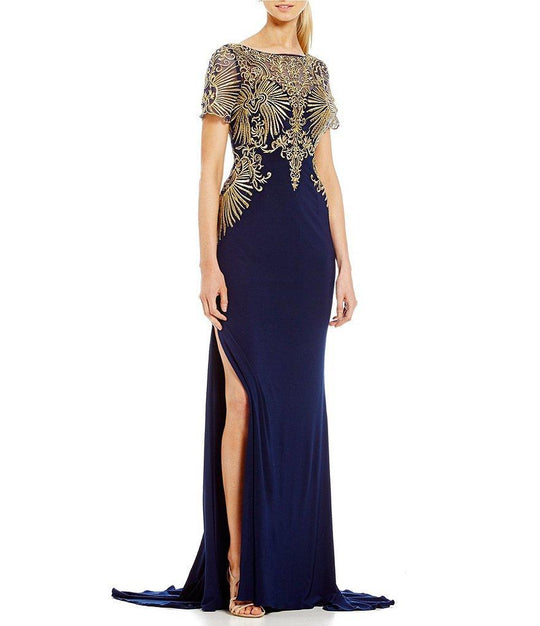 Terani Couture - 1711M3404 Gold Embroidery Short Sleeve Gown In Blue and Neutral