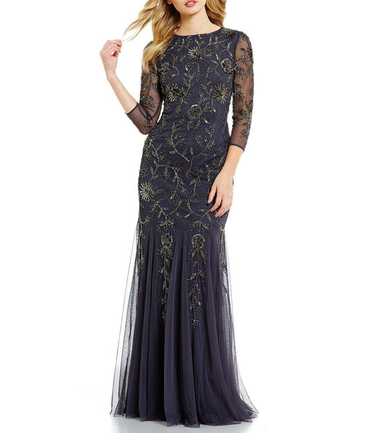 Adrianna Papell - Embellished Jewel Neck Long Sleeve Dress AP1E201302 in Blue
