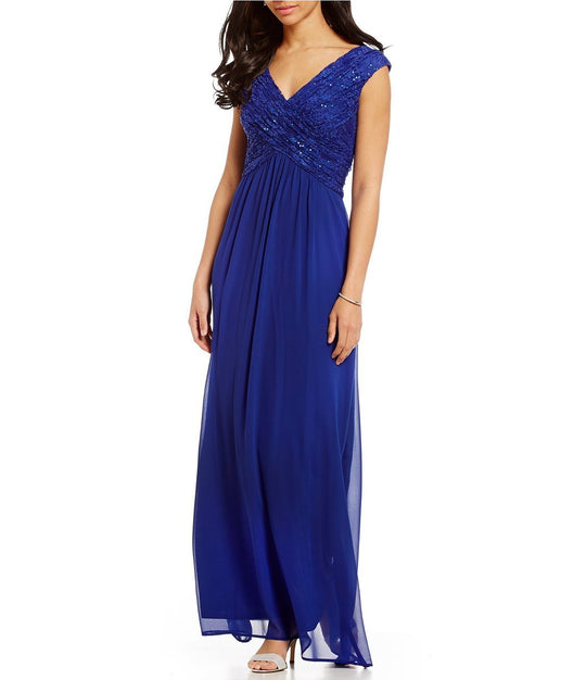 Sangria - ADWKOJ57 Cap Sleeve Sequined Empire Gown in Blue