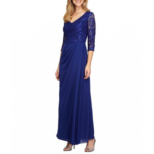 Alex Evenings - 1121682 Sequined Lace V-neck Sheath Dress in Blue