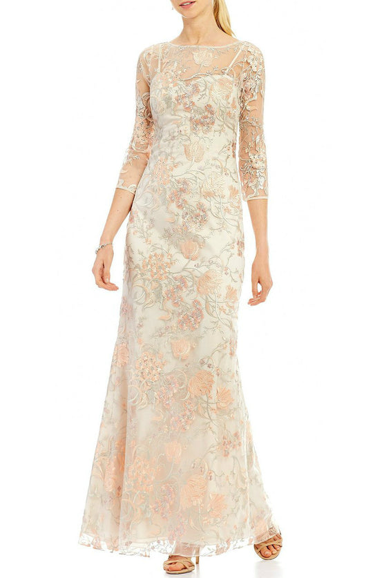 Aidan Mattox - MD1E201009 Sheer Embroidered Lace Gown in Pink and Neutral