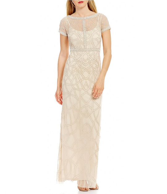 Aidan Mattox - MD1E201070 Short Sleeve Beaded Evening Gown in Neutral
