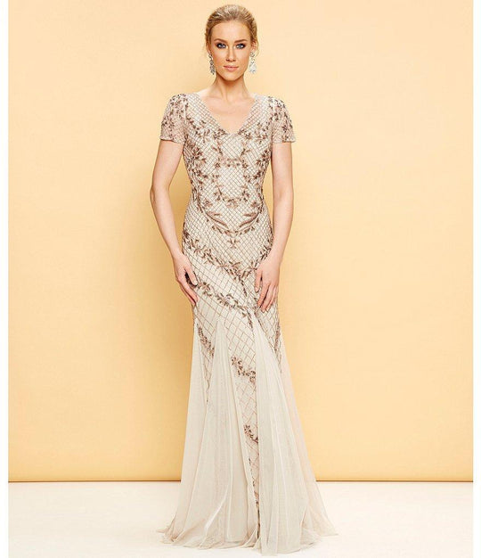 Adrianna Papell - AP1E201532 Short Sleeve Beaded Mermaid Gown in Neutral