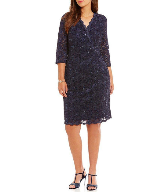 Alex Evenings - 4121805 Scalloped V Neck Lace Dress in Blue
