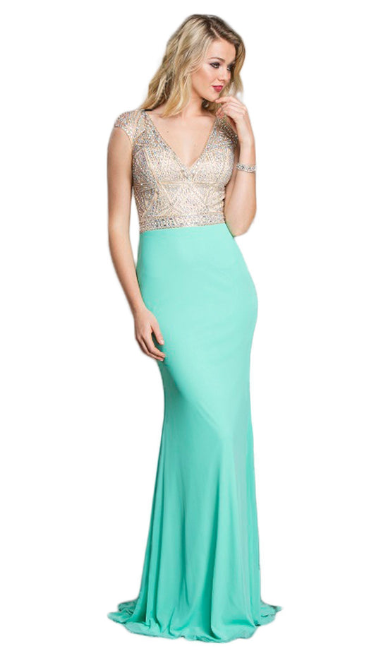 Embellished Fitted V-Neck Evening Dress