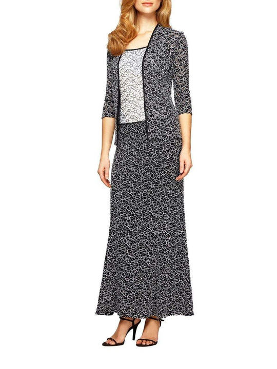 Alex Evenings - Two-Piece Lace Dress with Open Jacket 112973 in Black and White