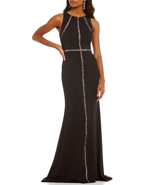 Adrianna Papell - AP1E202052 Jewel Neck Fitted Jersey Gown in Black