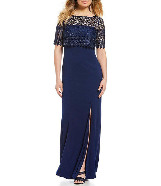 Adrianna Papell - AP1E203288 Lace Popover Bateau Evening Dress In Blue