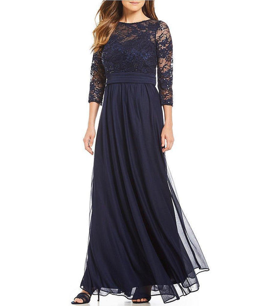 Emma Street - 1111297 Quarter Sleeve Sequined Lace Long Gown in Blue