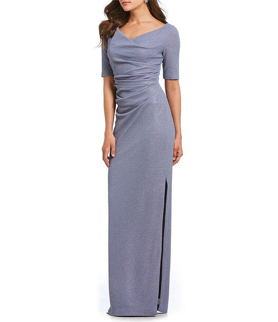 Adrianna Papell - AP1E203509 Ruched V-neck Column Dress With Slit In Silver