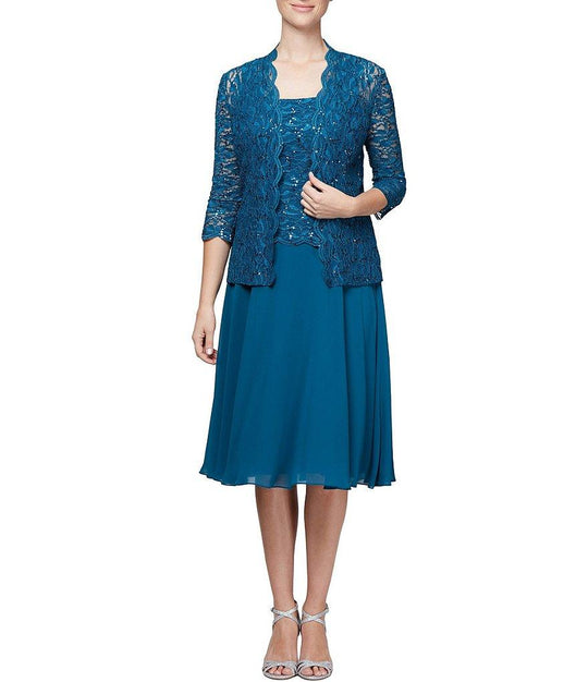 Alex Evenings - 8112213 Mock Two-Piece Sequined Lace Dress with Jacket In Blue