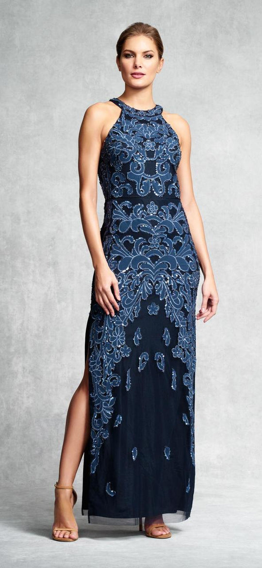 Aidan Mattox Halter Cutout High Slit Sheath Gown 54474110 In Steel Blue