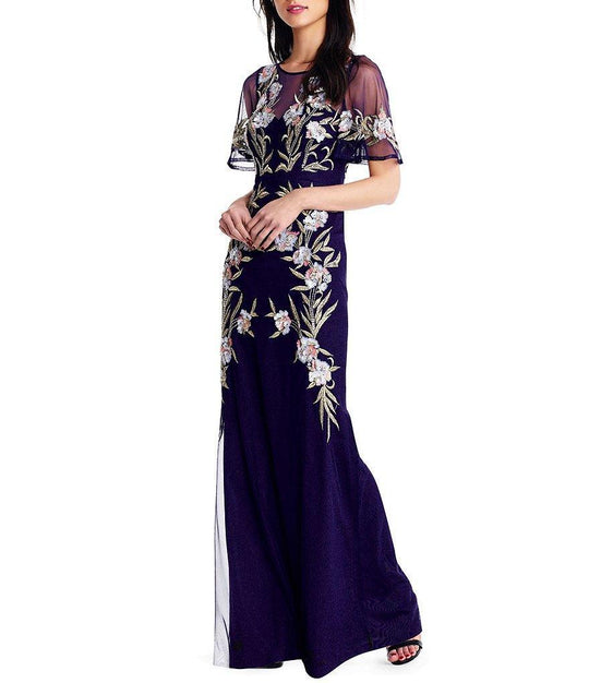 Aidan Mattox - MD1E203033 Embroidered Illusion Jewel Sheath Dress In Purple