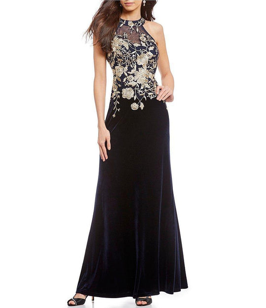 Cachet - Floral Embroidered Halter Evening Dress 59820 In Blue and Gold