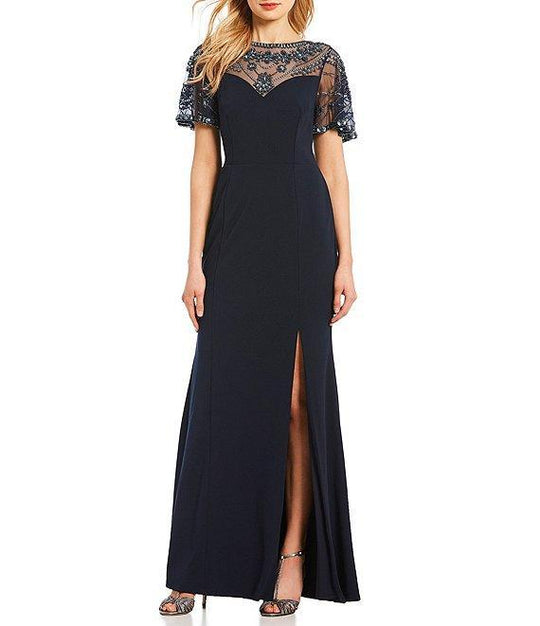 Aidan Mattox - MD1E203616 Beaded Neckline Slit Column Gown In Blue
