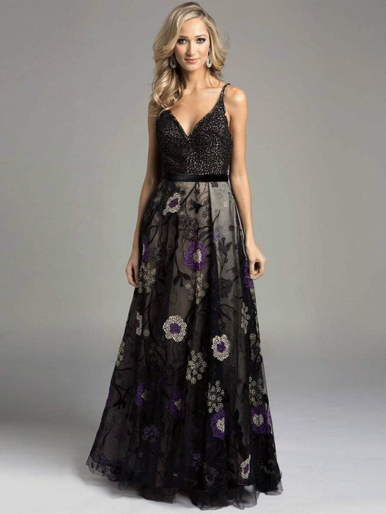Lara Dresses - Sleeveless V-neck Beaded Bodice Floral A-line Gown 33208 In  Black, Multi-Color and  Floral