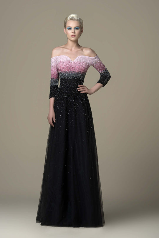 Saiid Kobeisy - RTWSS19-06 Beaded Off-Shoulder A-line Gown In Black And Pink