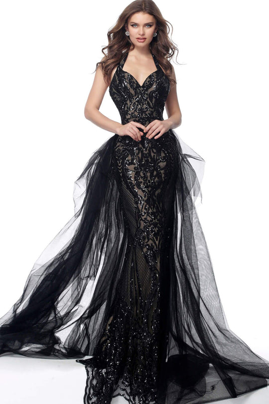 Jovani - 62635 Sequined Halter Strap with Sheer Overskirt In Black and Neutral