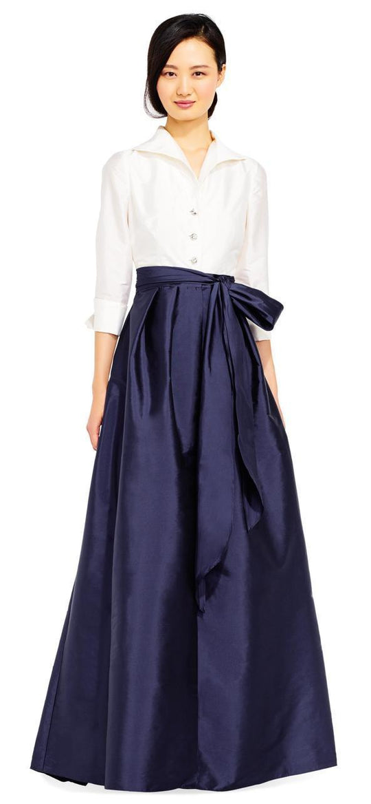 Adrianna Papell - 81917440 Collar V Neck Waist Tie Dress in White and Blue