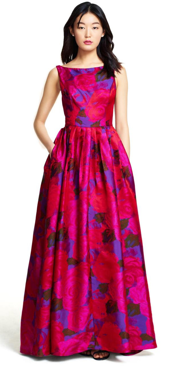 Adrianna Papell - 91887922 Floral Jacquard A-Line Dress in Pink and Floral