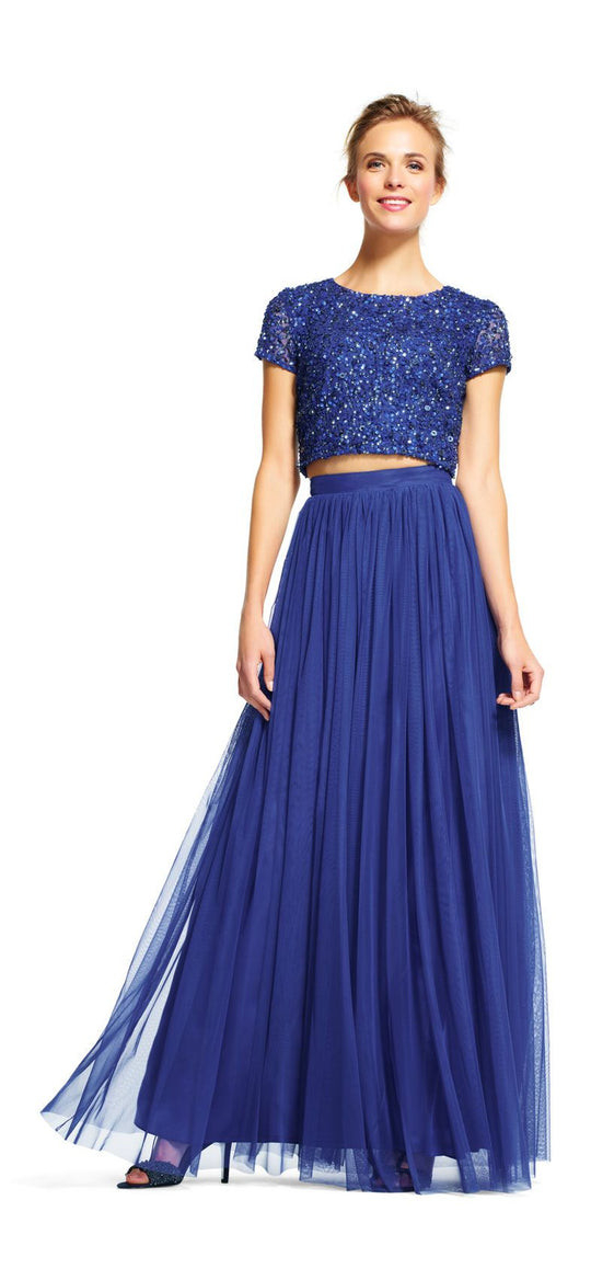 Adrianna Papell - 91922190 Two-Piece Sequined Short Sleeve Long Dress In Blue