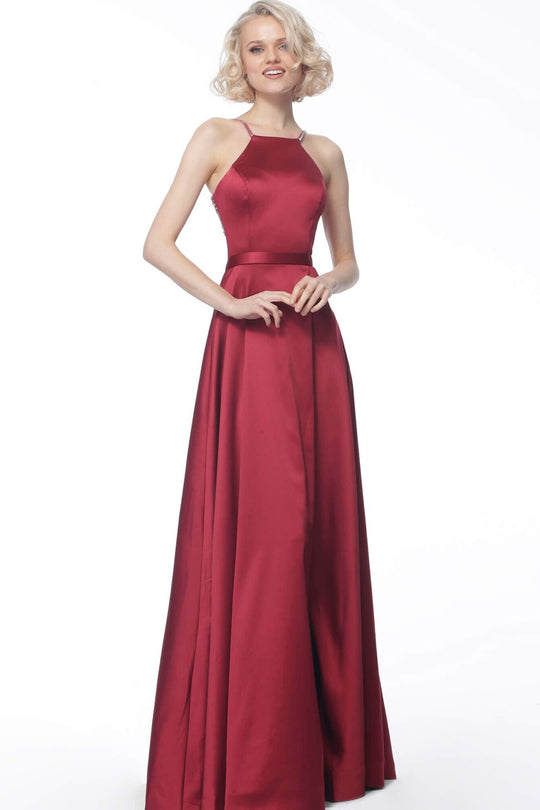 Jovani - 68758 Seamed Halter A-Line Gown with Slit In Red