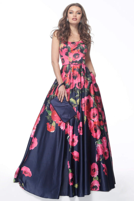 Jovani - JVN67128 Square Neck Floral A-line Dress In Blue and Multi