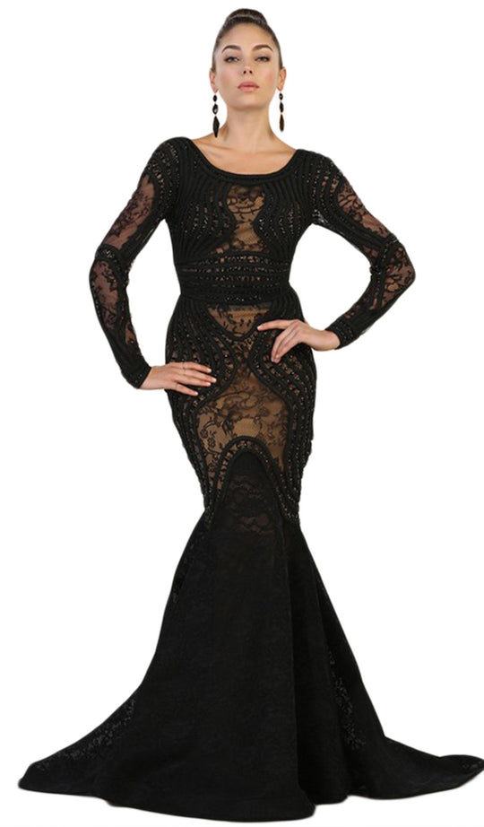 May Queen - RQ7515 Lace Embellished Bateau Mermaid Gown In Black