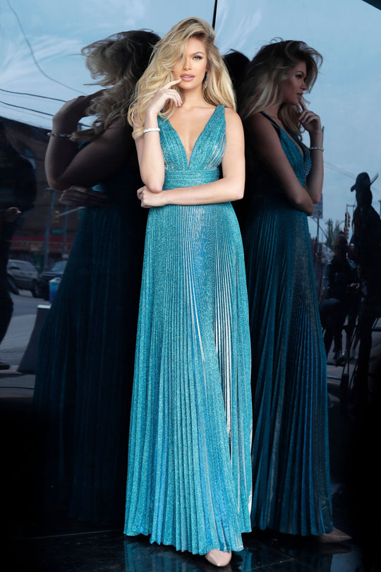 Jovani - 2088 Sleeveless Plunging V Neck Pleated A-Line Gown In Blue and Green