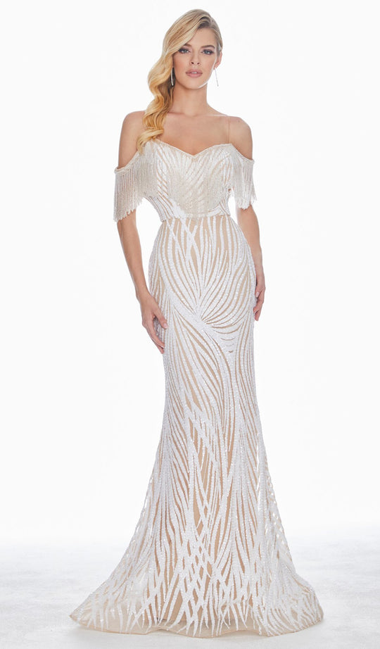 Ashley Lauren - 1521 Fringe Off-Shoulder Trumpet Dress In White