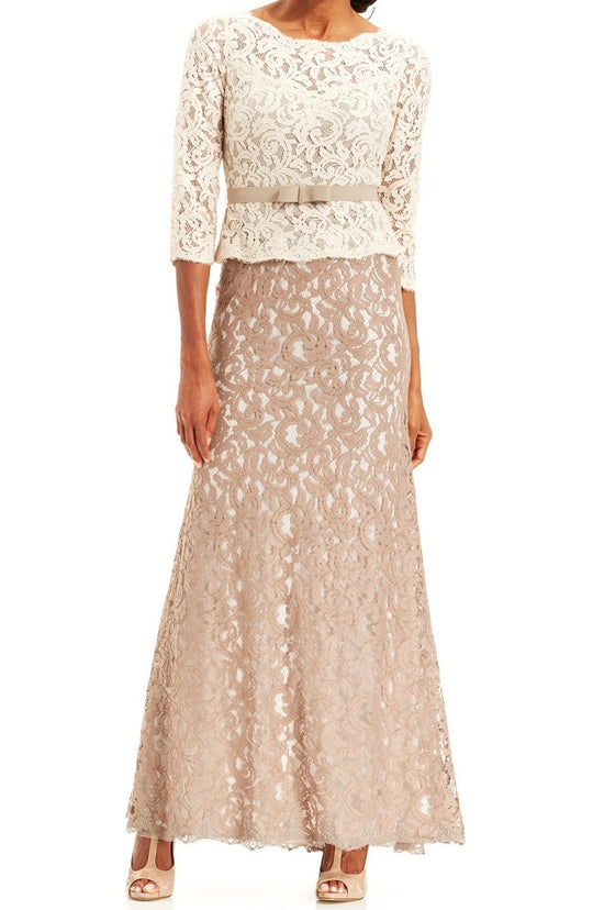 Adrianna Papell - Quarter Sleeve Lace Gown 81907760 in Neutral and Brown